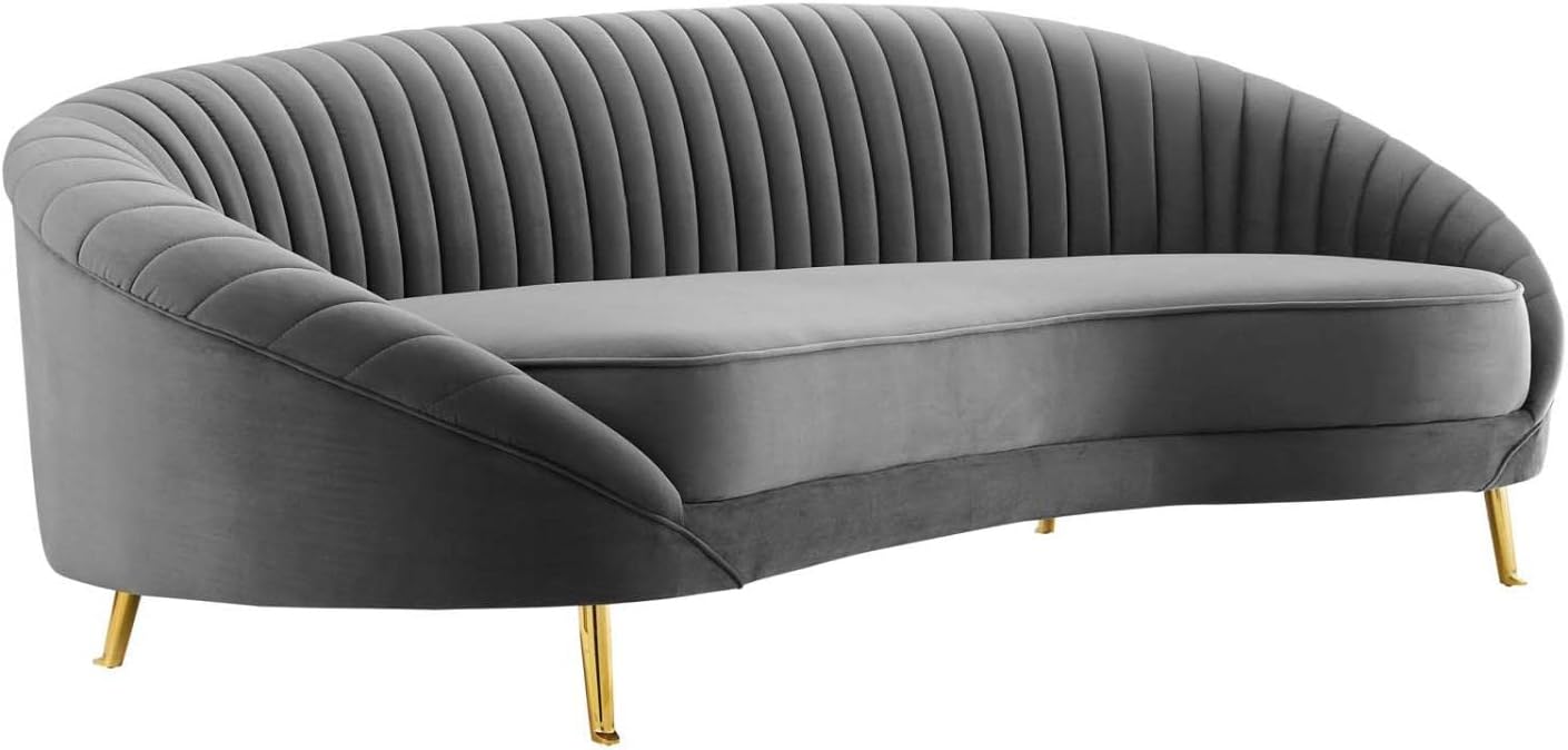 Modway Camber Velvet Sofa – Channel Tufted, Mid-Century Modern, Gold Legs