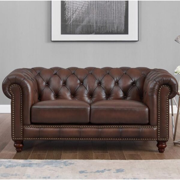 Alton Bay Top Grain Leather Loveseat – Classic Chesterfield Design, Nailhead Trim, Premium Comfort