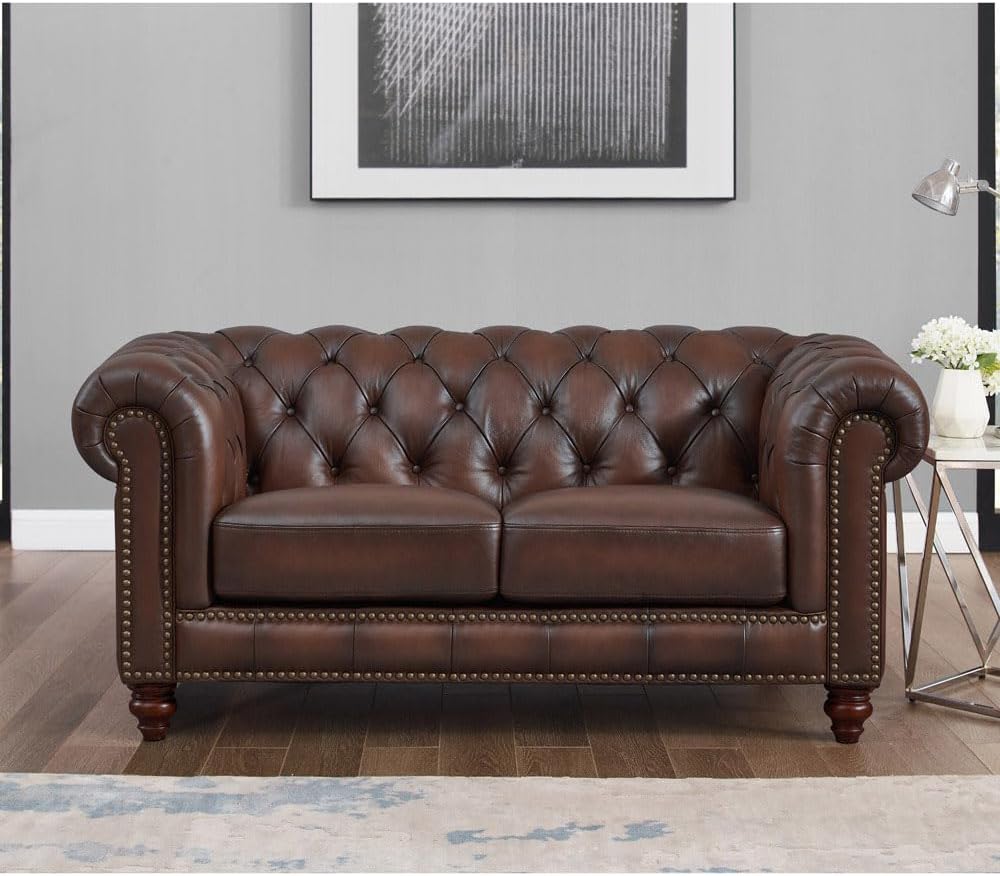 Alton Bay Top Grain Leather Loveseat – Classic Chesterfield Design, Nailhead Trim, Premium Comfort