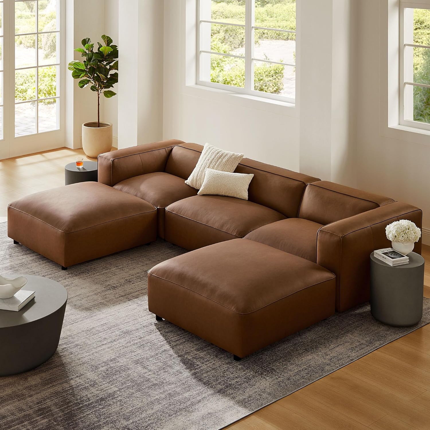 Modway Leather Modular U-Shaped Sectional Sofa with Ottoman & Coffee Table